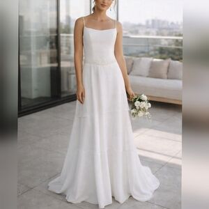 MoriLee Vintage 90s White Beaded Tiered Chiffon Wedding Dress sz 8 NWT